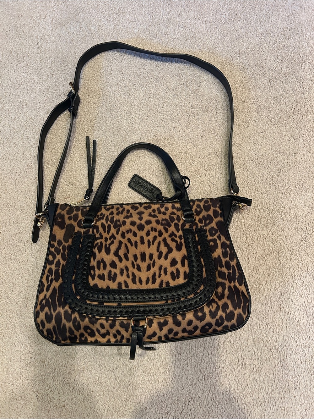 Sole Society Leopard Print Top-Handle Satchel with Detachable Strap - Black Trim